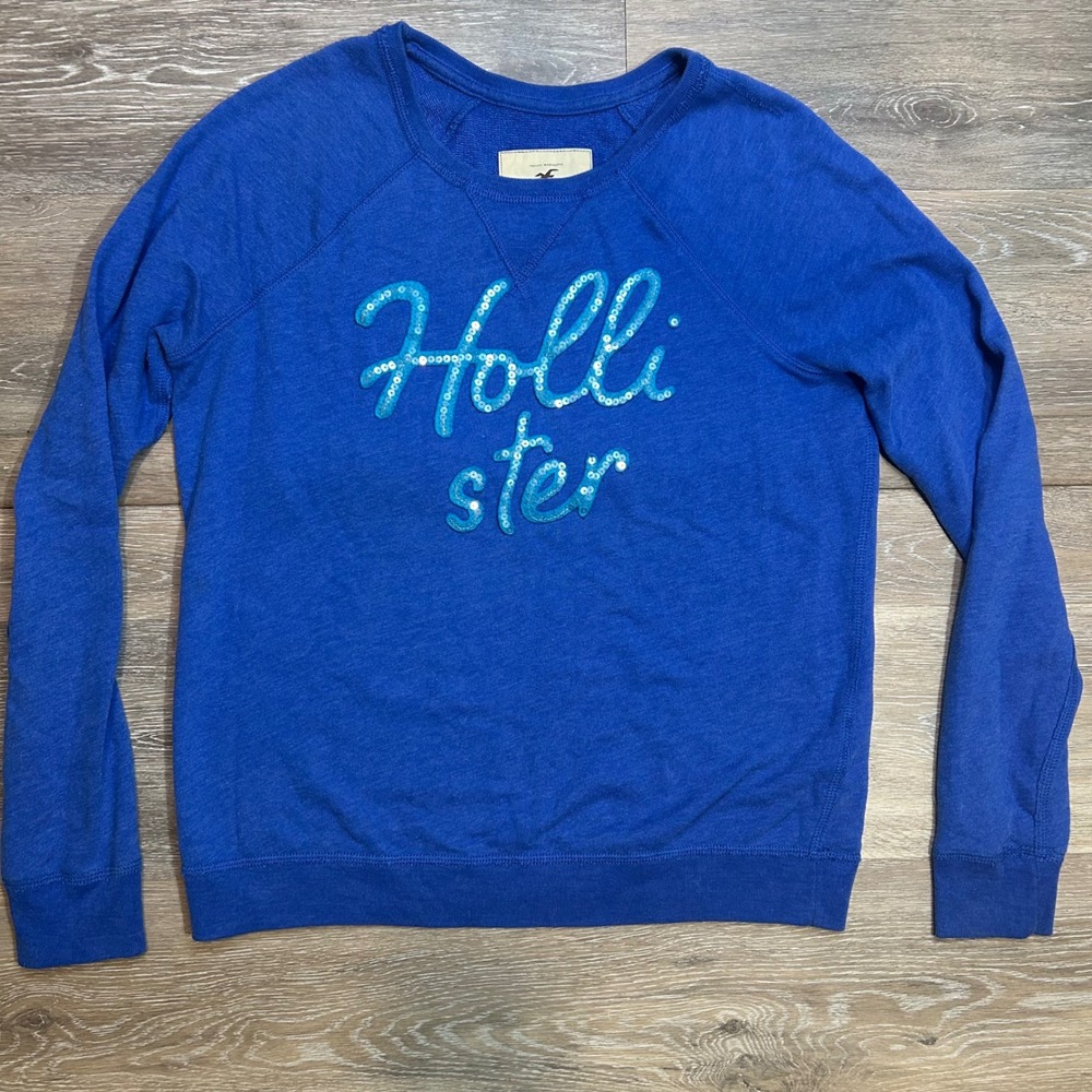 Hollister Womens Blue Sequin Script Logo Raglan Crewneck Sweatshirt Large